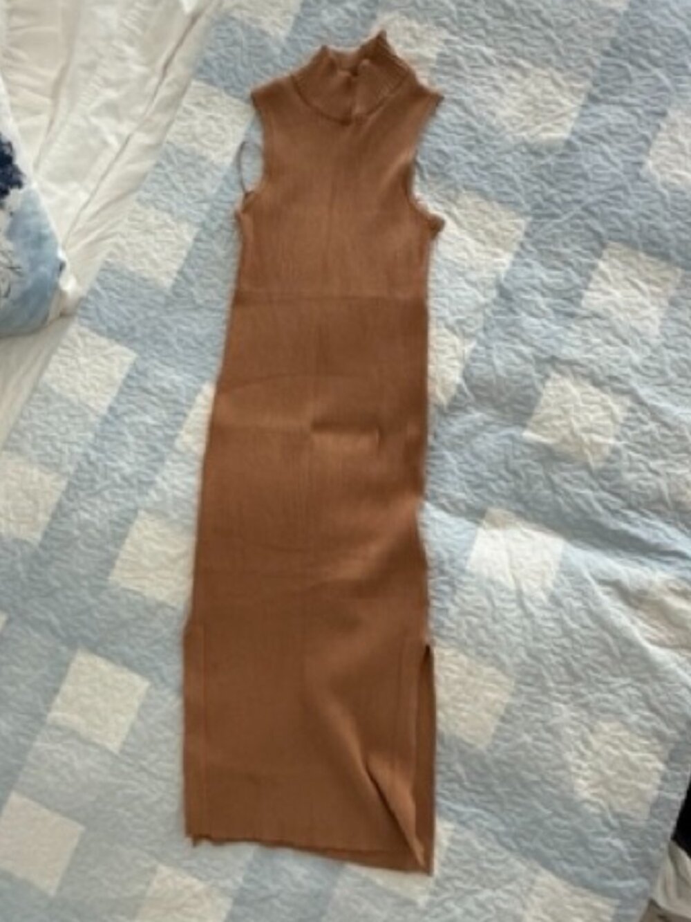Magaschoni Sleeveless Sweater Dress Sz S Mock Neck Side Slits -Cognac